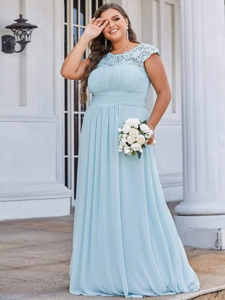 Plus Size Elegant Maxi Long Lace Cap Sleeve Bridesmaid Dress