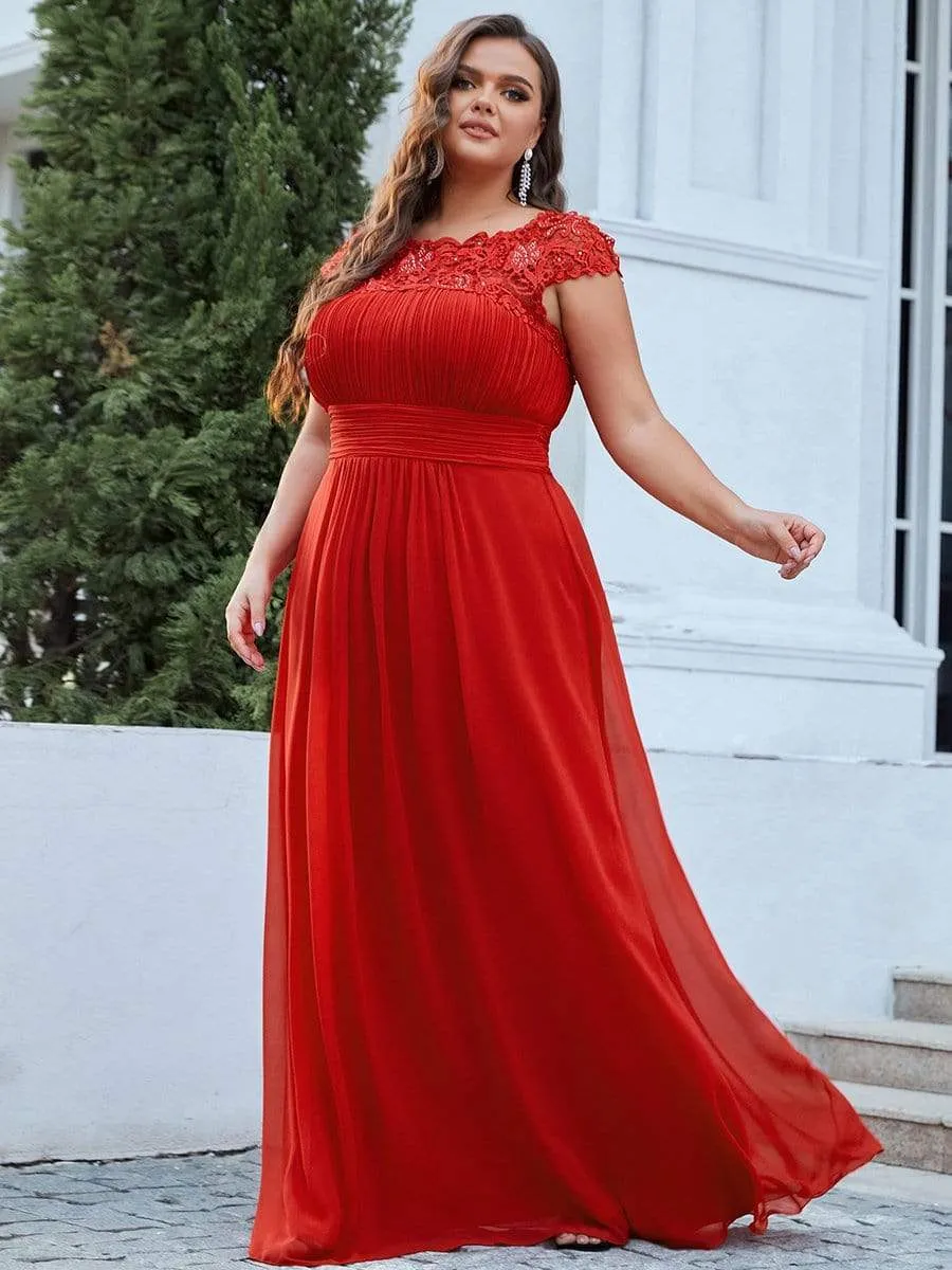 Plus Size Elegant Maxi Long Lace Cap Sleeve Bridesmaid Dress