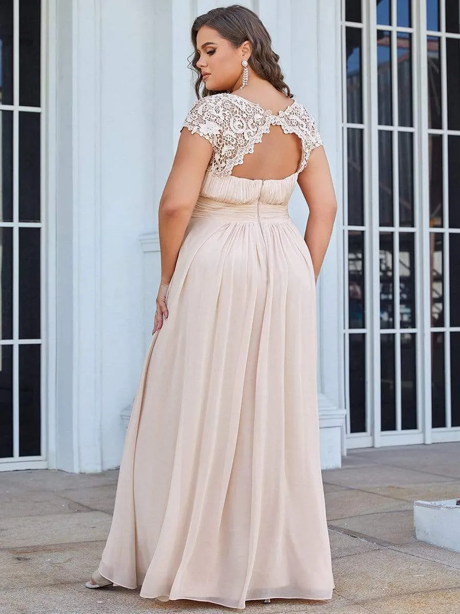 Plus Size Elegant Maxi Long Lace Cap Sleeve Bridesmaid Dress