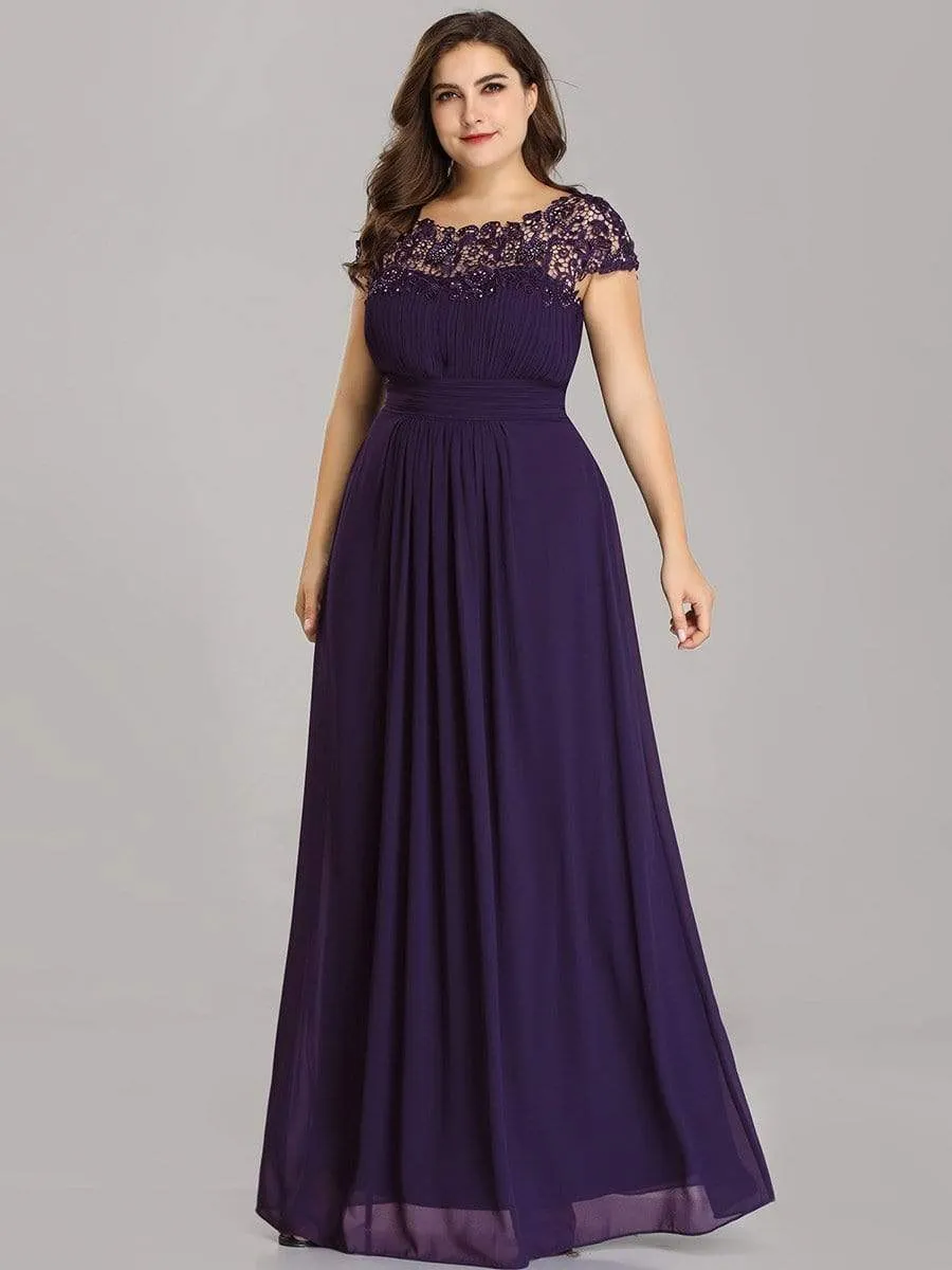 Plus Size Elegant Maxi Long Lace Cap Sleeve Bridesmaid Dress