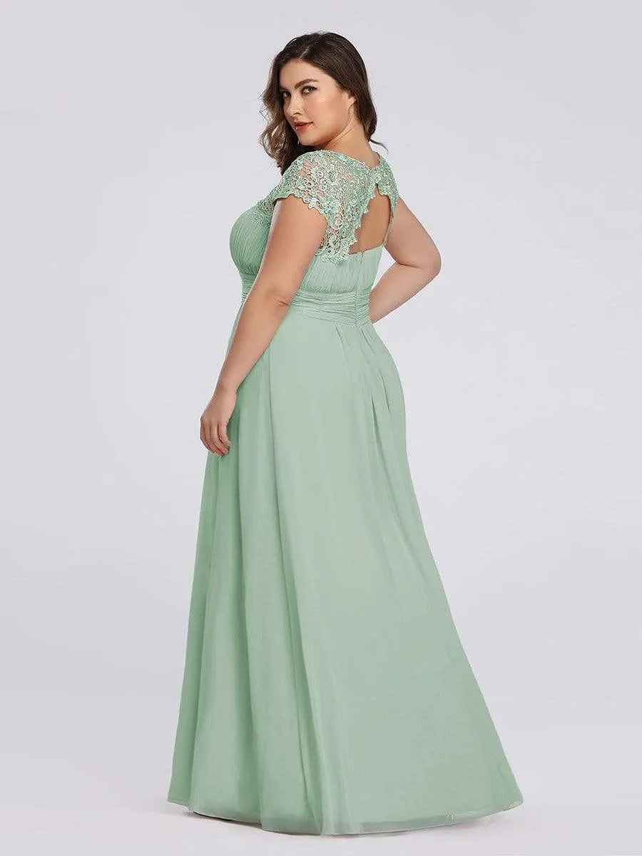 Plus Size Elegant Maxi Long Lace Cap Sleeve Bridesmaid Dress