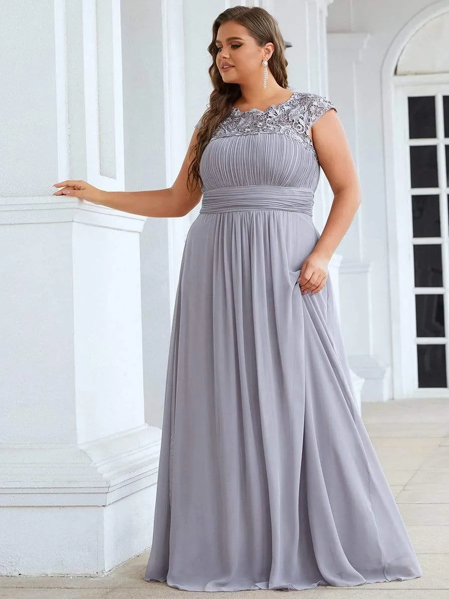 Plus Size Elegant Maxi Long Lace Cap Sleeve Bridesmaid Dress