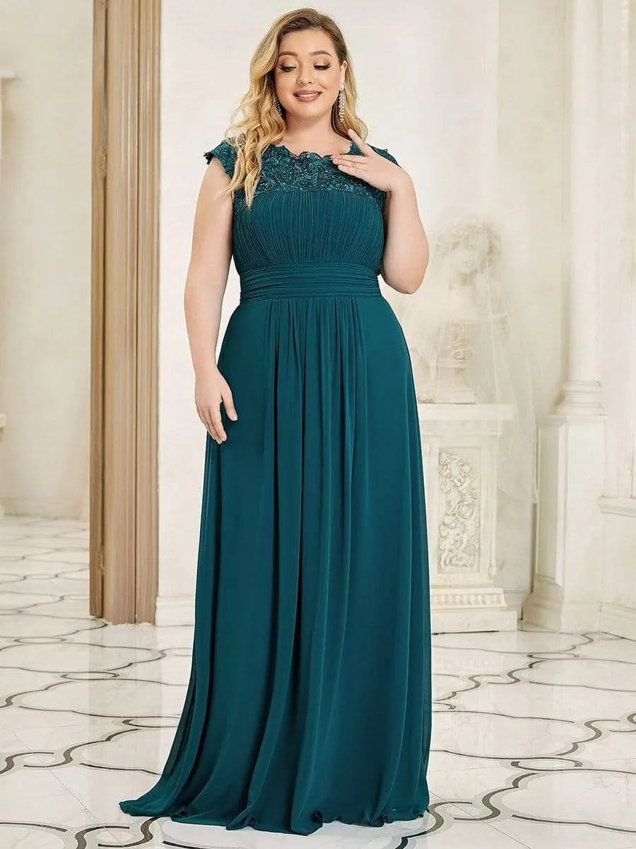 Plus Size Elegant Maxi Long Lace Cap Sleeve Bridesmaid Dress