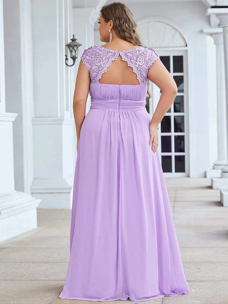 Plus Size Elegant Maxi Long Lace Cap Sleeve Bridesmaid Dress