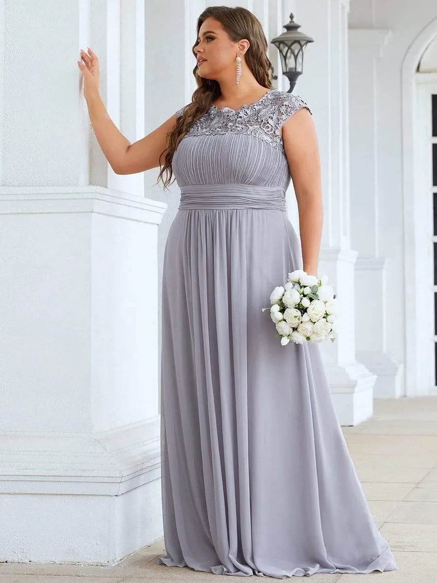 Plus Size Elegant Maxi Long Lace Cap Sleeve Bridesmaid Dress