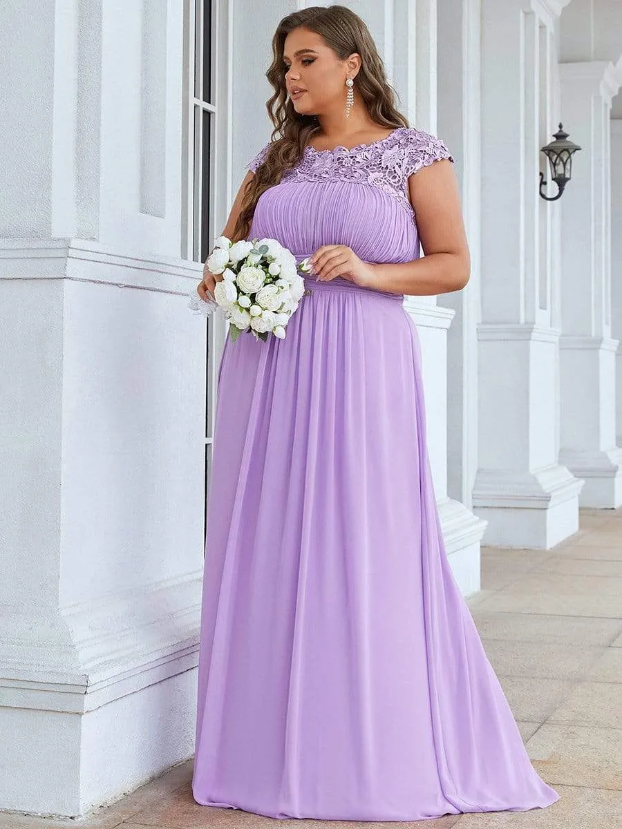 Plus Size Elegant Maxi Long Lace Cap Sleeve Bridesmaid Dress