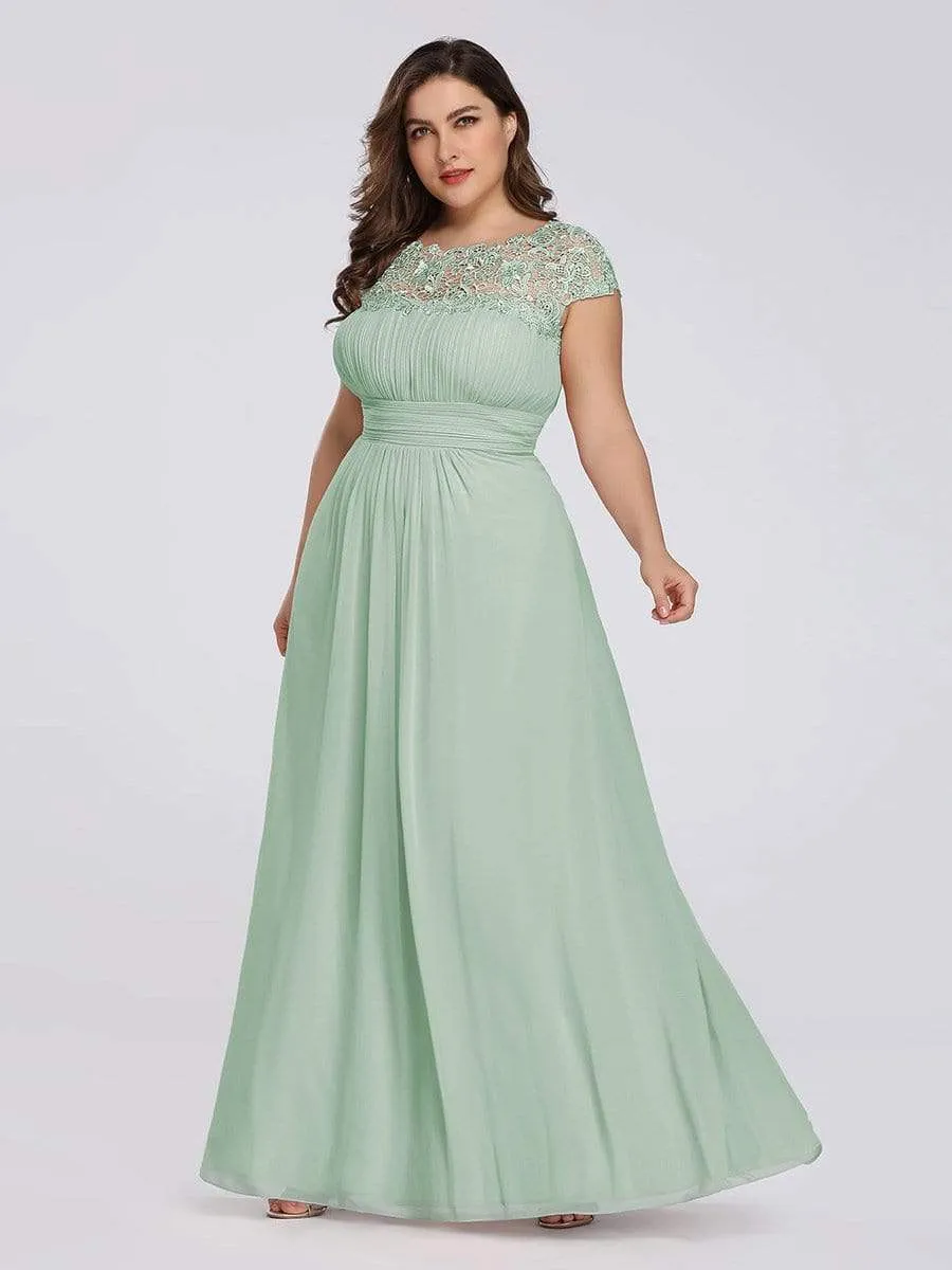 Plus Size Elegant Maxi Long Lace Cap Sleeve Bridesmaid Dress