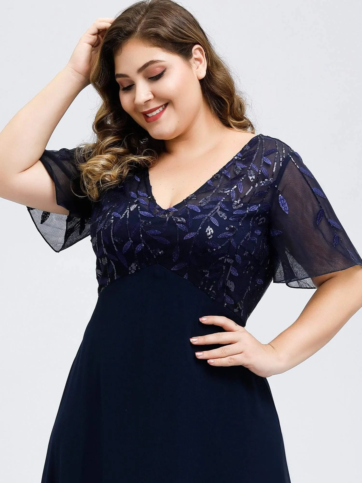 Plus Size Floral Sequin Print Evening Party Dresses with Cap Sleeve