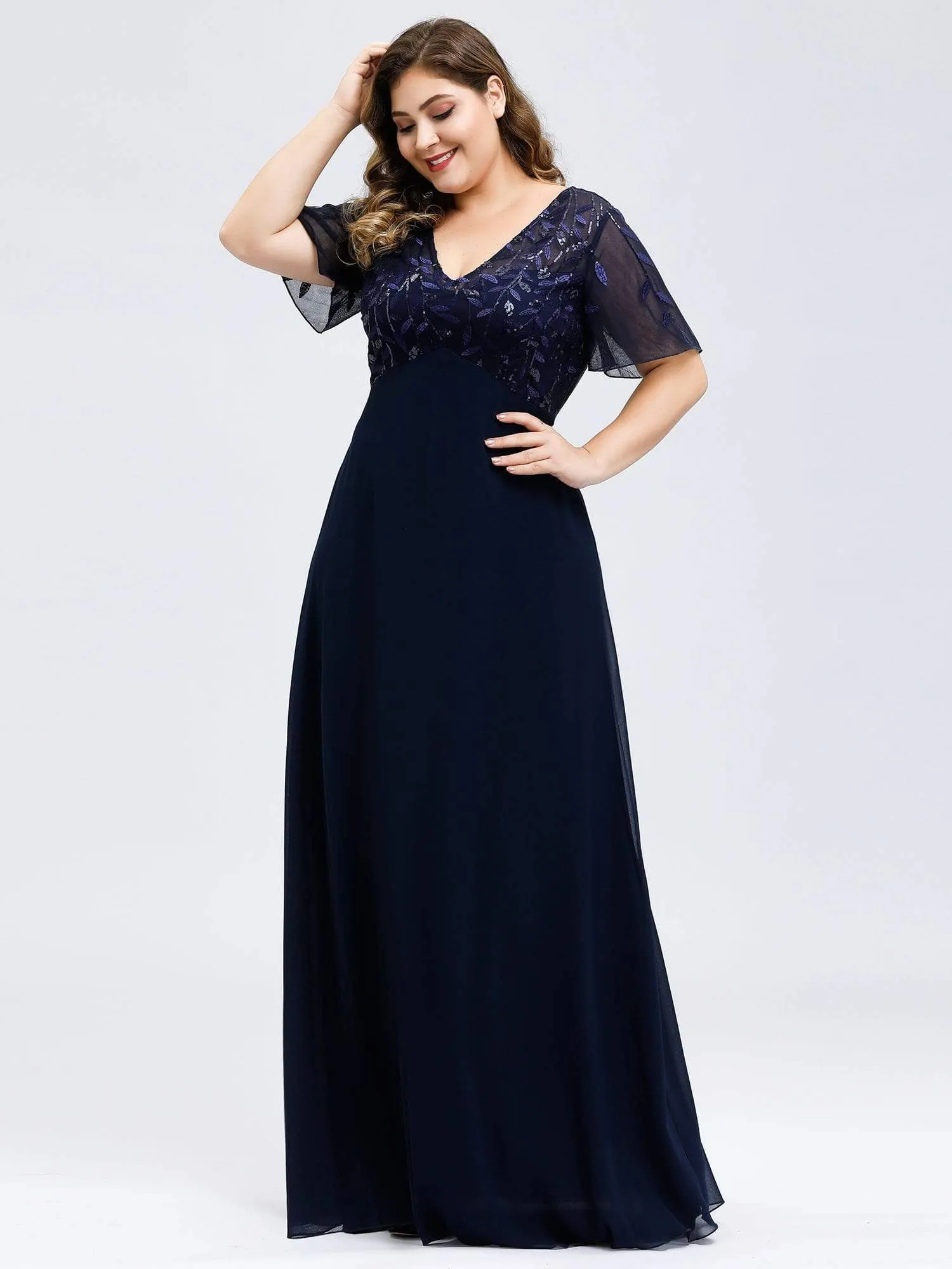 Plus Size Floral Sequin Print Evening Party Dresses with Cap Sleeve