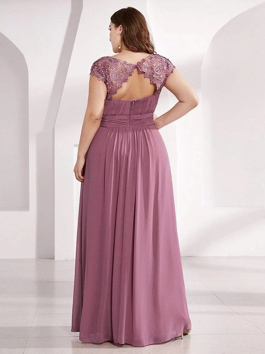 Plus Size Maxi Long Lace Cap Sleeve Evening Dress