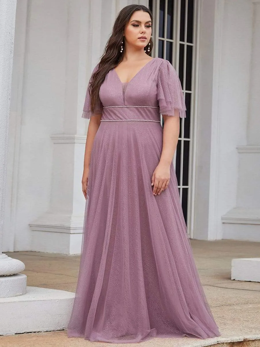 Plus Size Romantic V Neck Tulle Evening Dress with Ruffle Sleeves