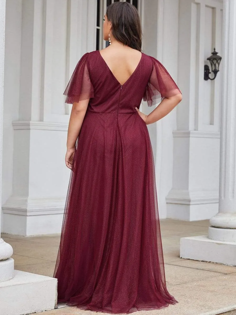 Plus Size Romantic V Neck Tulle Evening Dress with Ruffle Sleeves