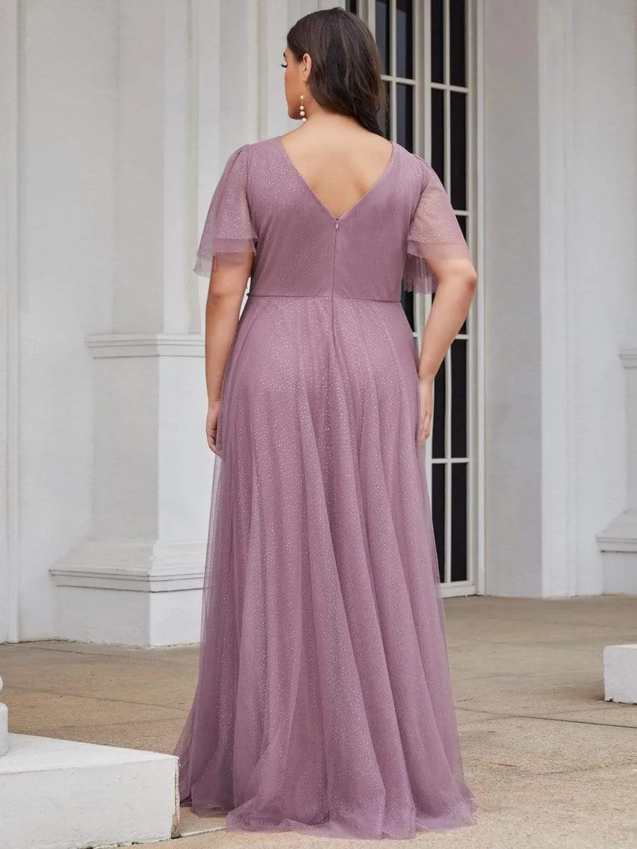 Plus Size Romantic V Neck Tulle Evening Dress with Ruffle Sleeves