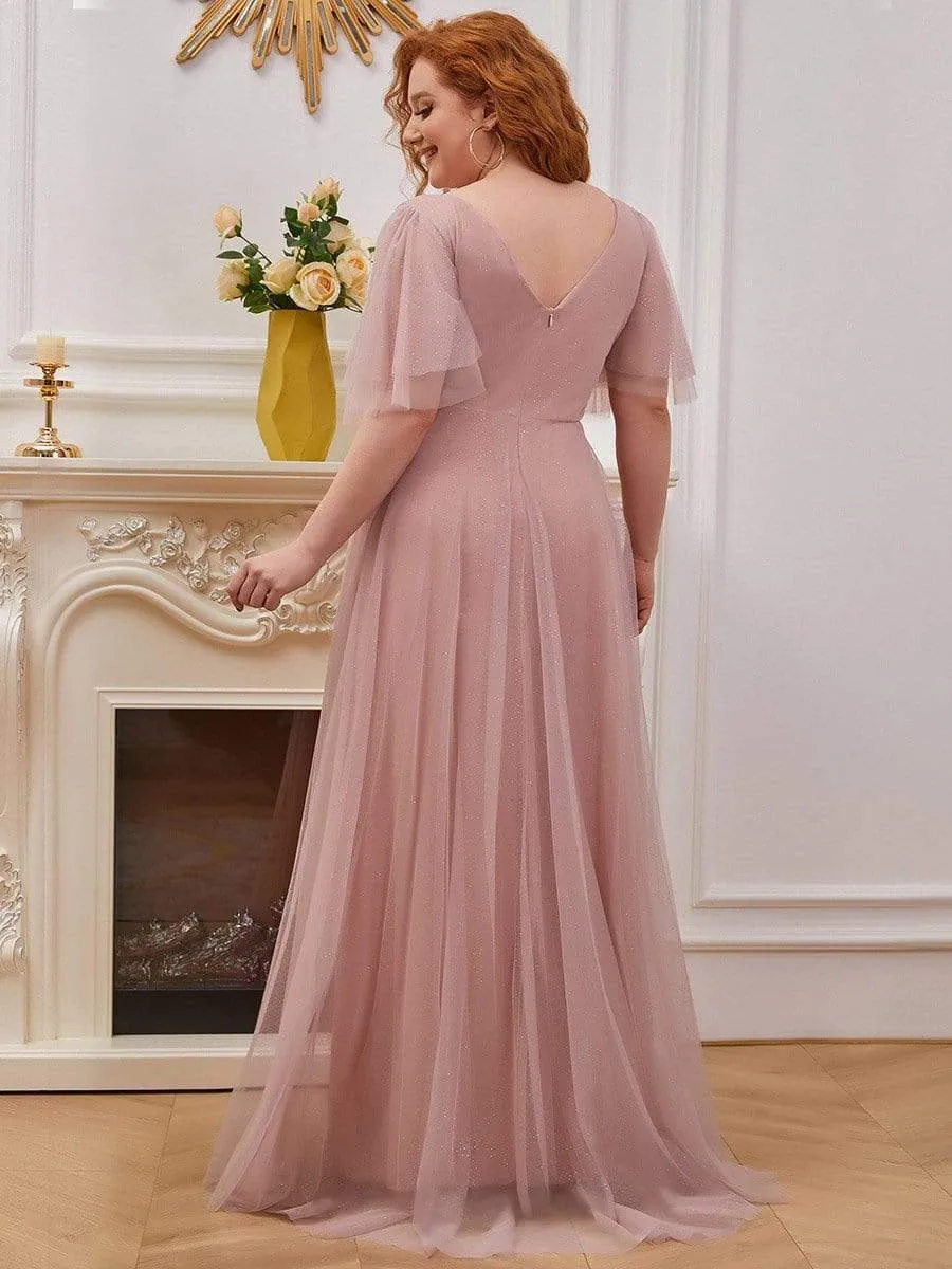 Plus Size Romantic V Neck Tulle Evening Dress with Ruffle Sleeves