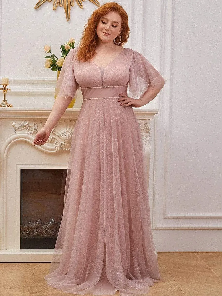 Plus Size Romantic V Neck Tulle Evening Dress with Ruffle Sleeves