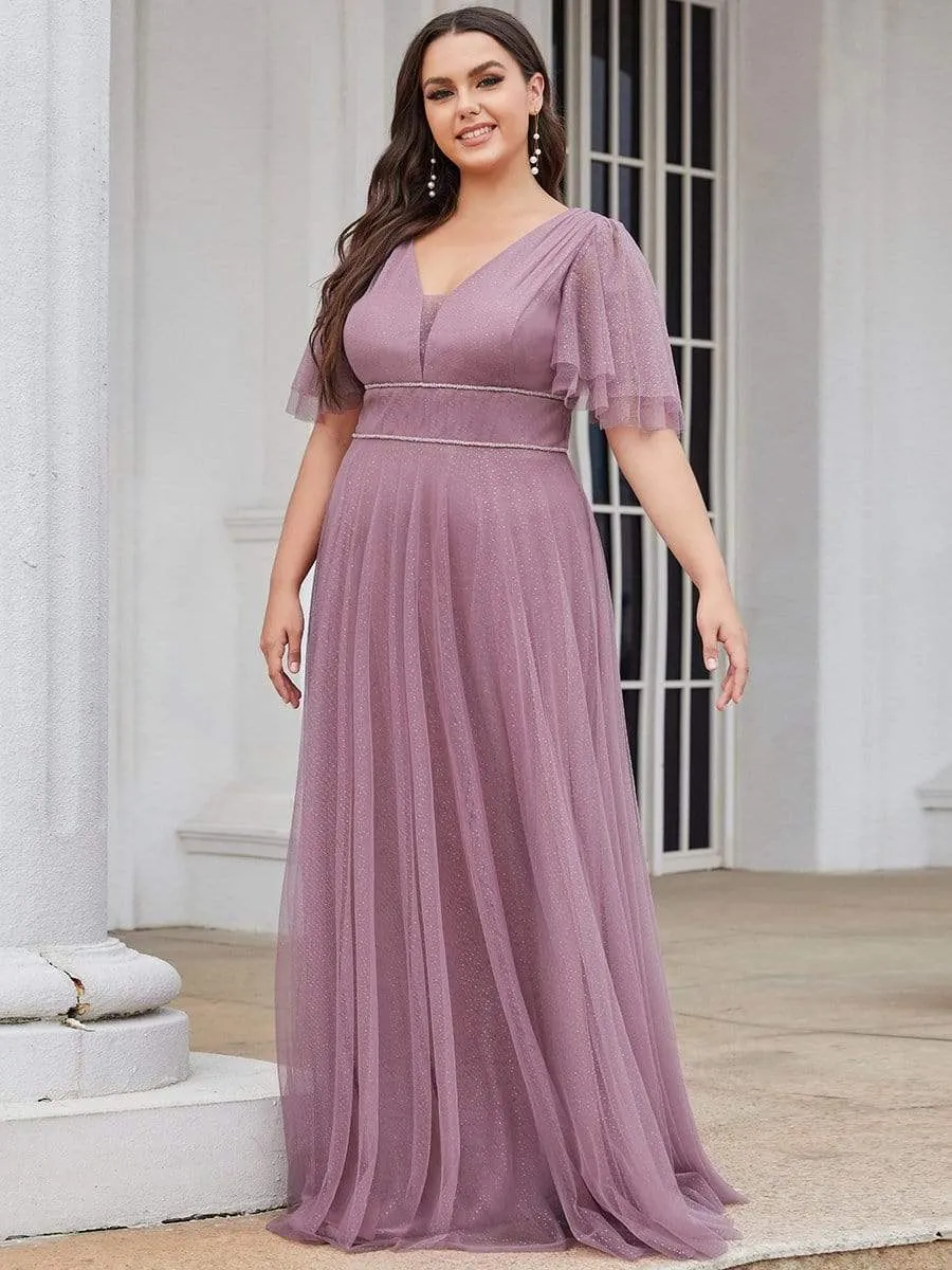 Plus Size Romantic V Neck Tulle Evening Dress with Ruffle Sleeves