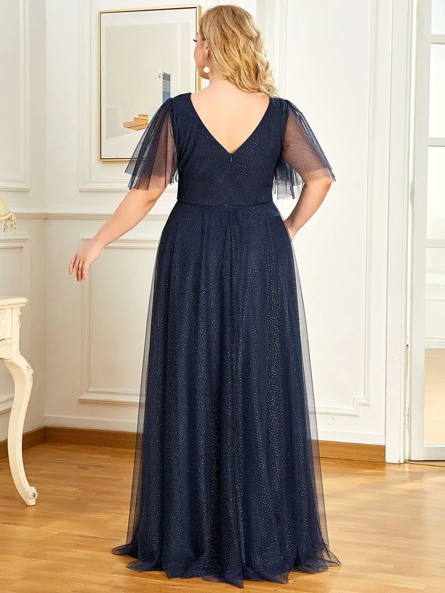 Plus Size Romantic V Neck Tulle Evening Dress with Ruffle Sleeves