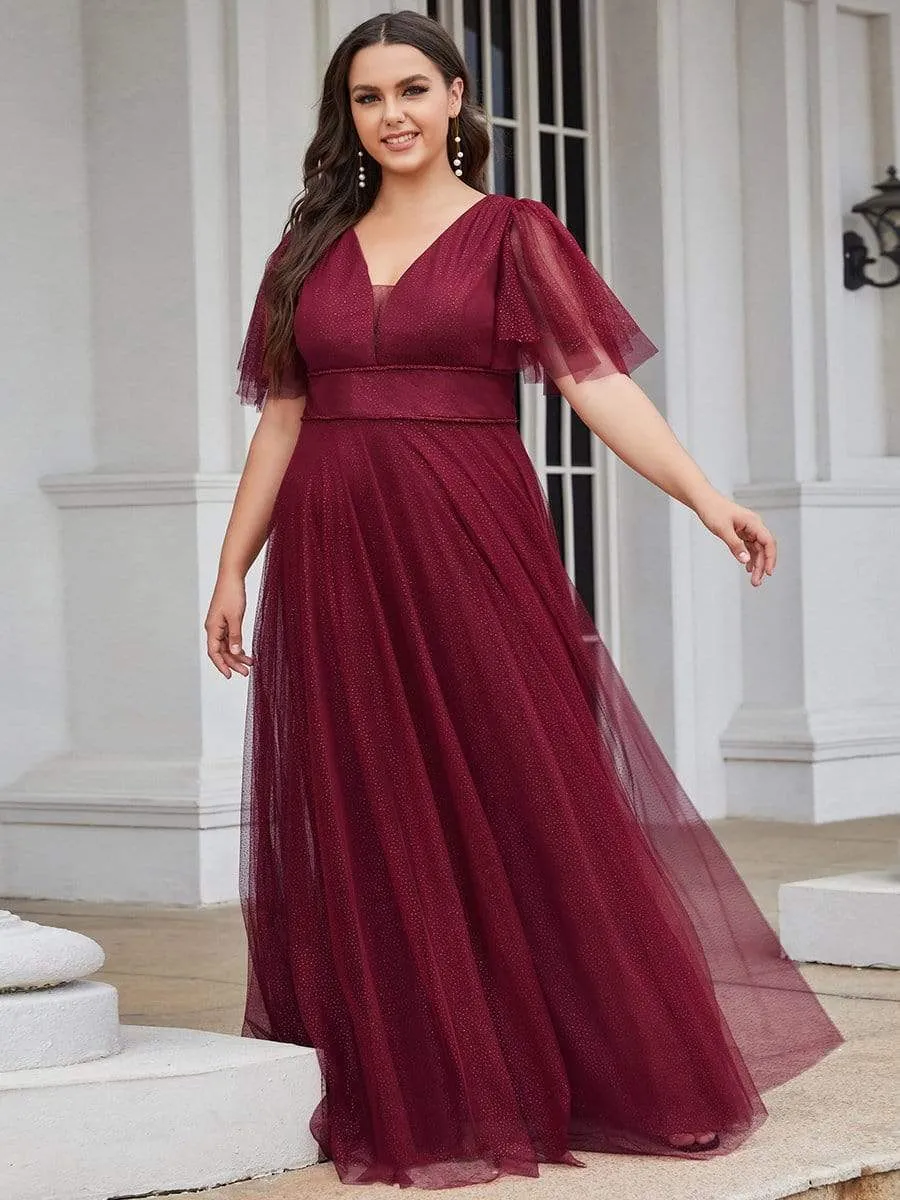 Plus Size Romantic V Neck Tulle Evening Dress with Ruffle Sleeves