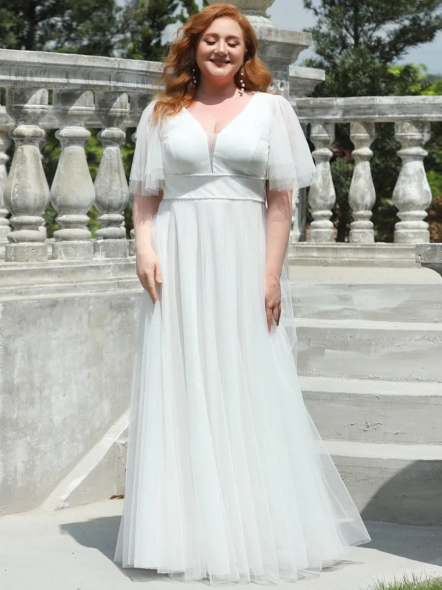 Plus Size Romantic V Neck Tulle Evening Dress with Ruffle Sleeves