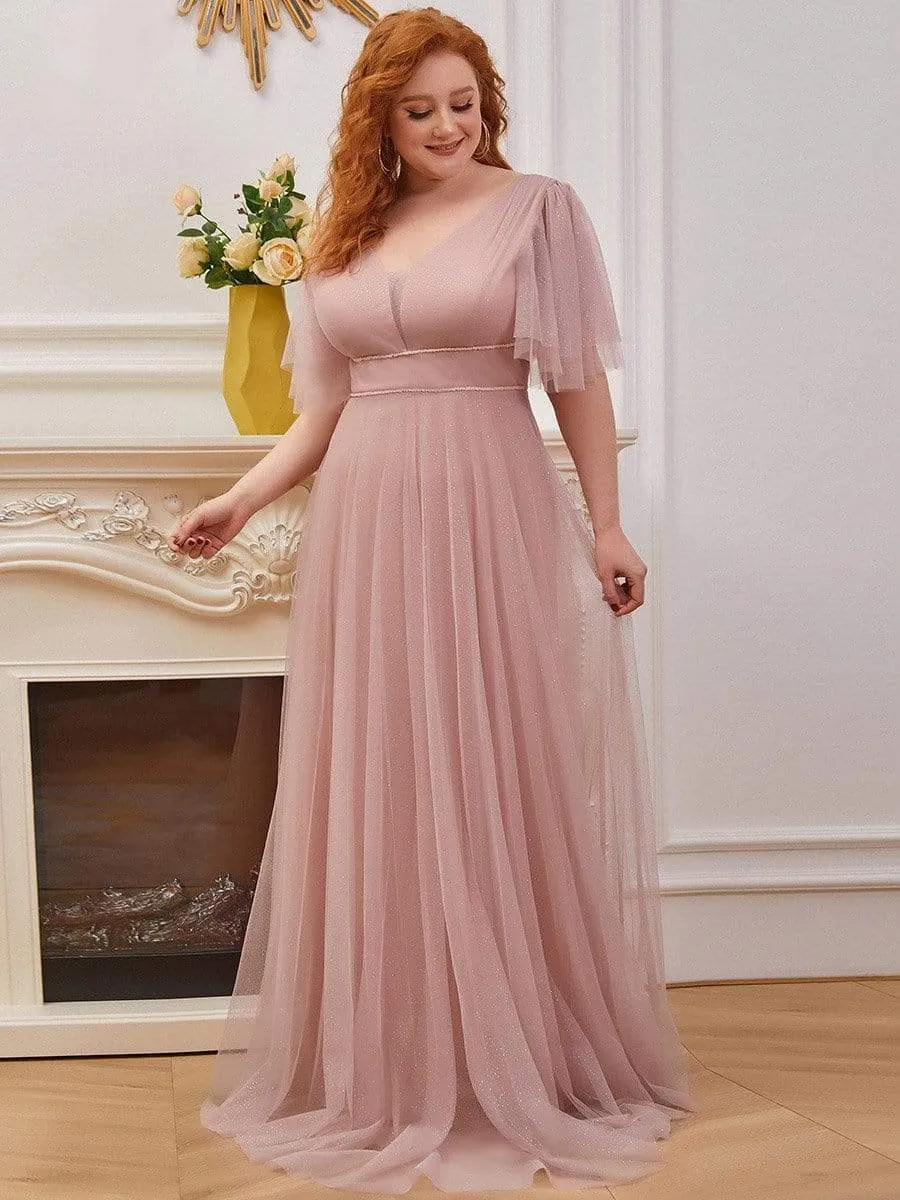 Plus Size Romantic V Neck Tulle Evening Dress with Ruffle Sleeves