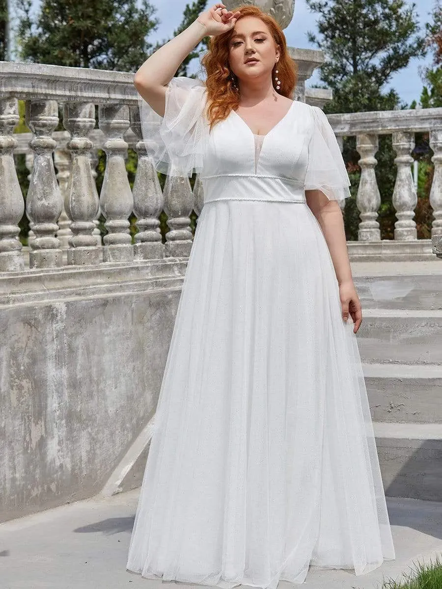 Plus Size Romantic V Neck Tulle Evening Dress with Ruffle Sleeves