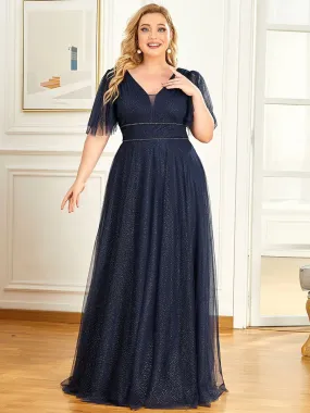 Plus Size Romantic V Neck Tulle Evening Dress with Ruffle Sleeves