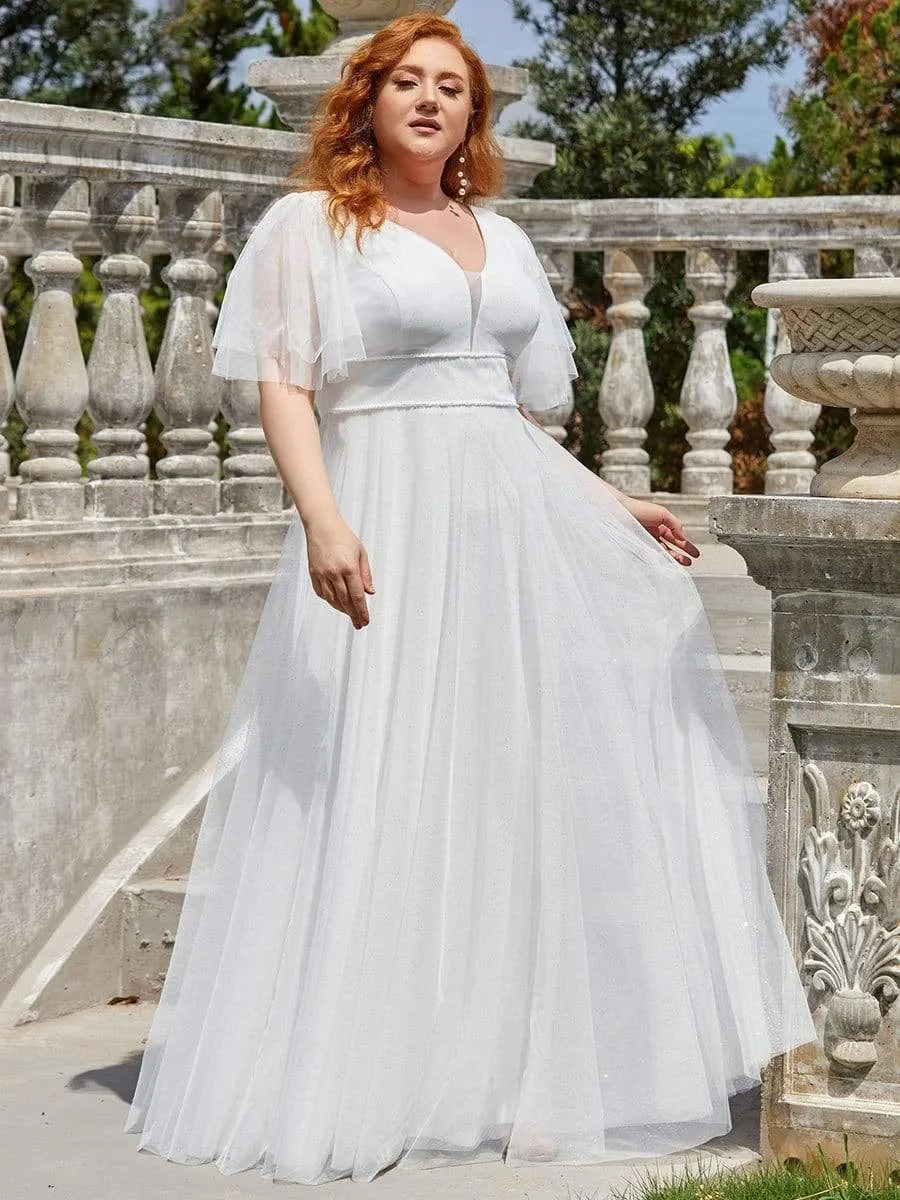 Plus Size Romantic V Neck Tulle Evening Dress with Ruffle Sleeves