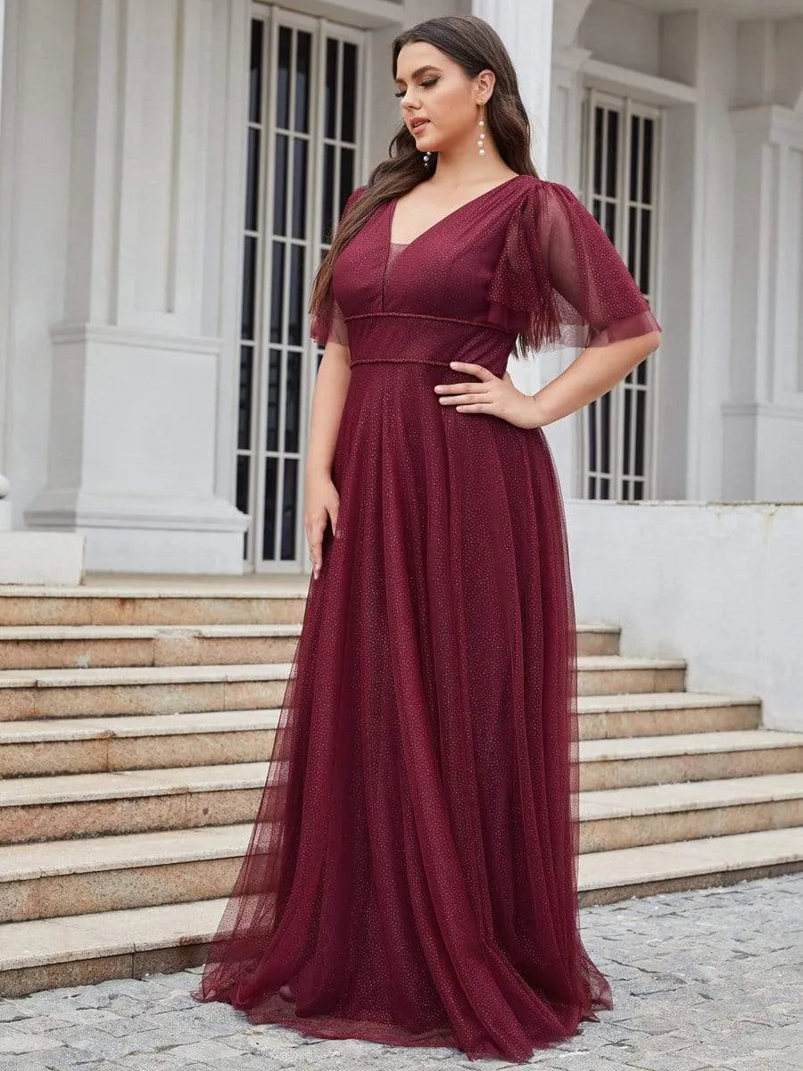 Plus Size Romantic V Neck Tulle Evening Dress with Ruffle Sleeves