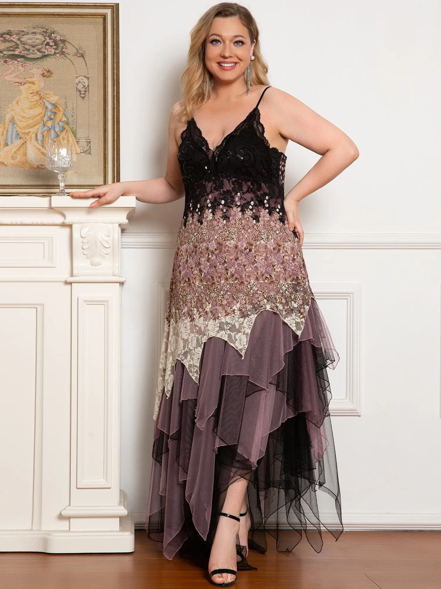 Plus Size V Neck Asymmetrical Hems Prom Dresses