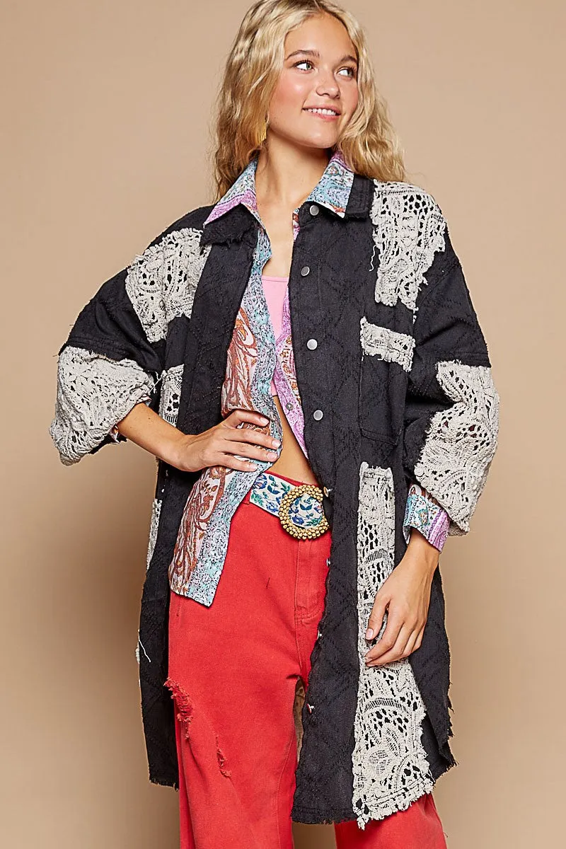 POL OVERSIZED Twill Shacket with Crochet Patches in Black Multi