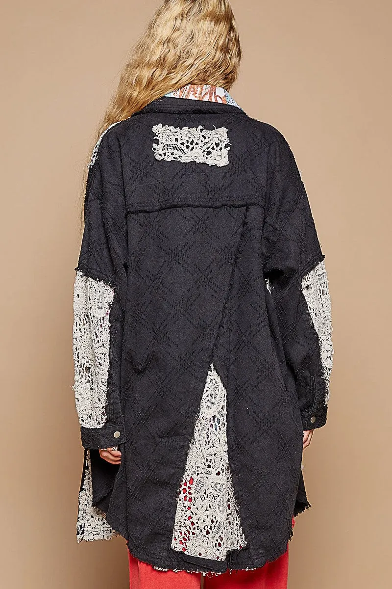 POL OVERSIZED Twill Shacket with Crochet Patches in Black Multi