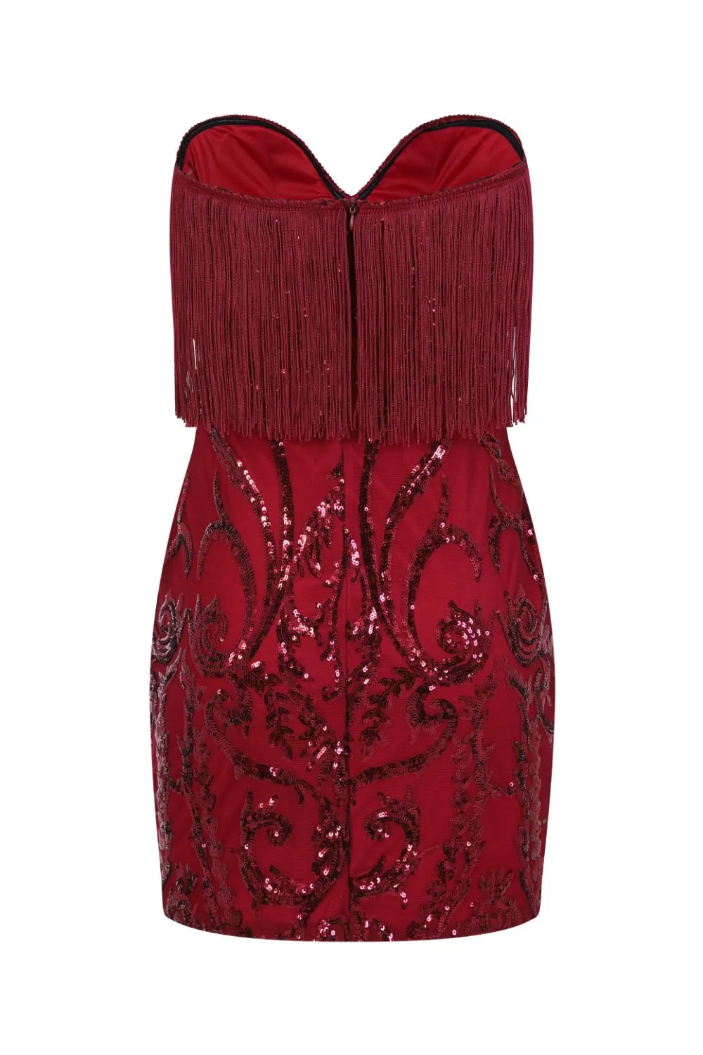 Promises Berry Luxe Sweetheart Tassel Fringe Sequin Bodycon Dress