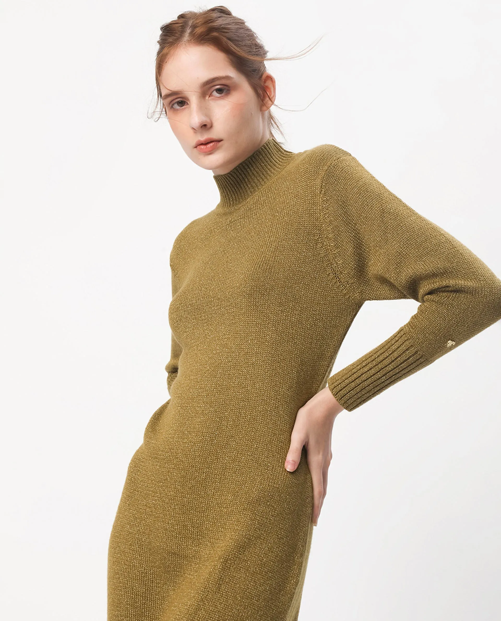 Rareism Women Nach Gold Acrylic Fabric Full Sleeves High Neck Regular Fit Plain Knee Length Sweater