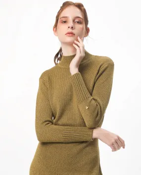 Rareism Women Nach Gold Acrylic Fabric Full Sleeves High Neck Regular Fit Plain Knee Length Sweater