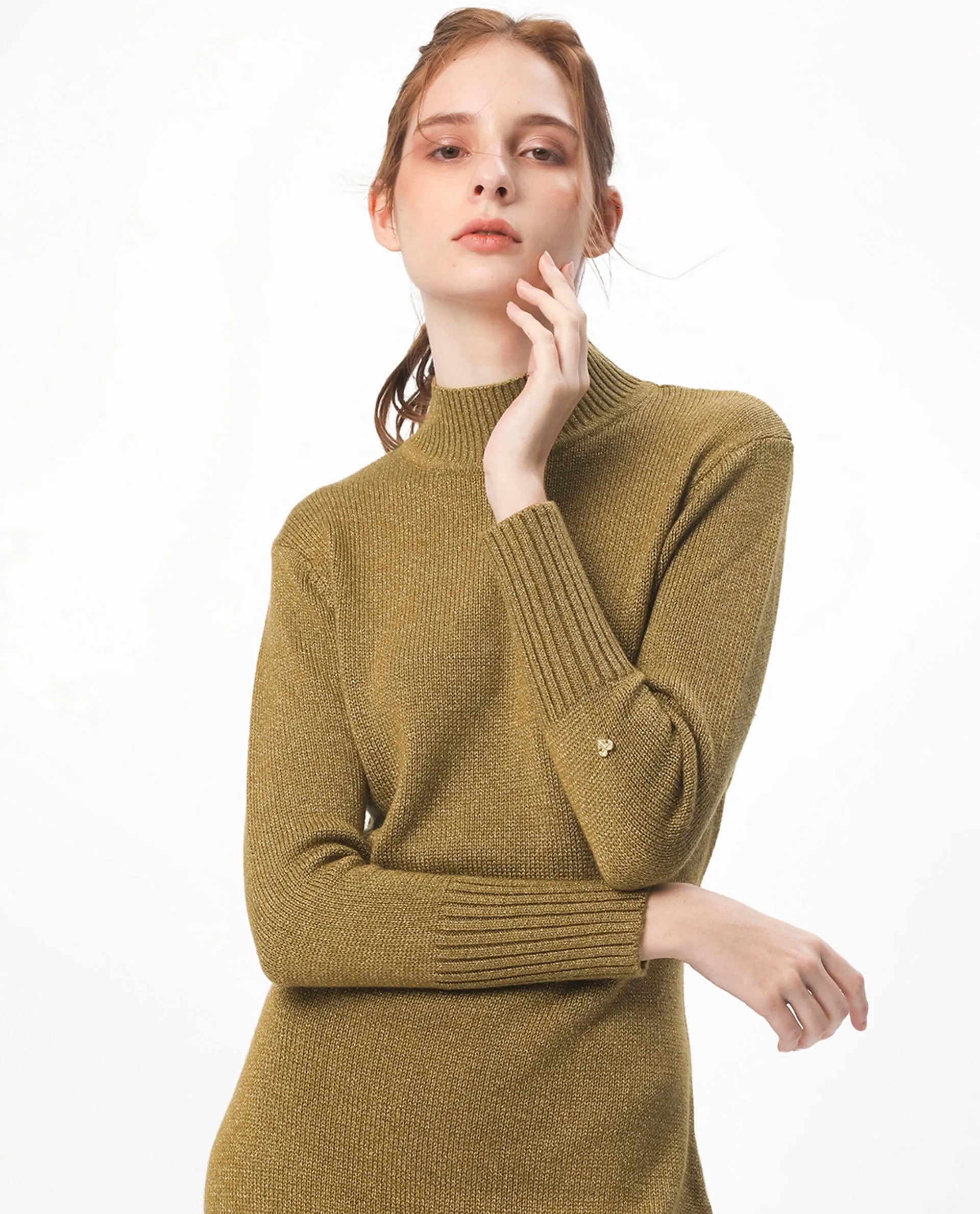 Rareism Women Nach Gold Acrylic Fabric Full Sleeves High Neck Regular Fit Plain Knee Length Sweater