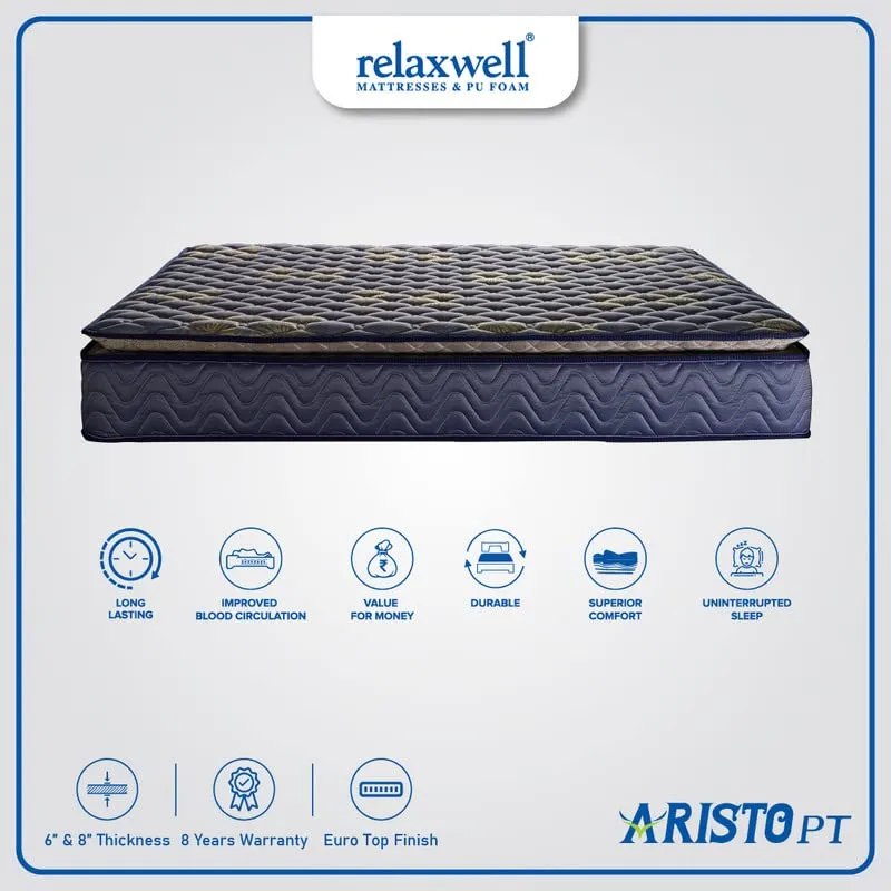 RELAXWELL MATRESSES Aristo PT - Bonnel Spring Pillow Top Spring Mattresses with Two Free Pillow for Your Comfort Night | Foam Matresses | Matresses for Comfortable Sleep (78x72x6 Inches, King)