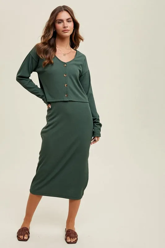 Ribbed Knit Cardigan & Dress - Green