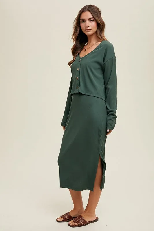 Ribbed Knit Cardigan & Dress - Green