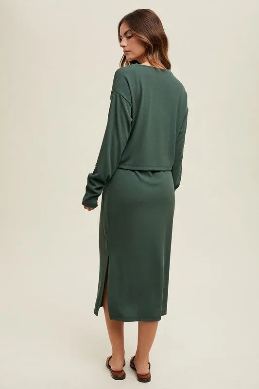 Ribbed Knit Cardigan & Dress - Green