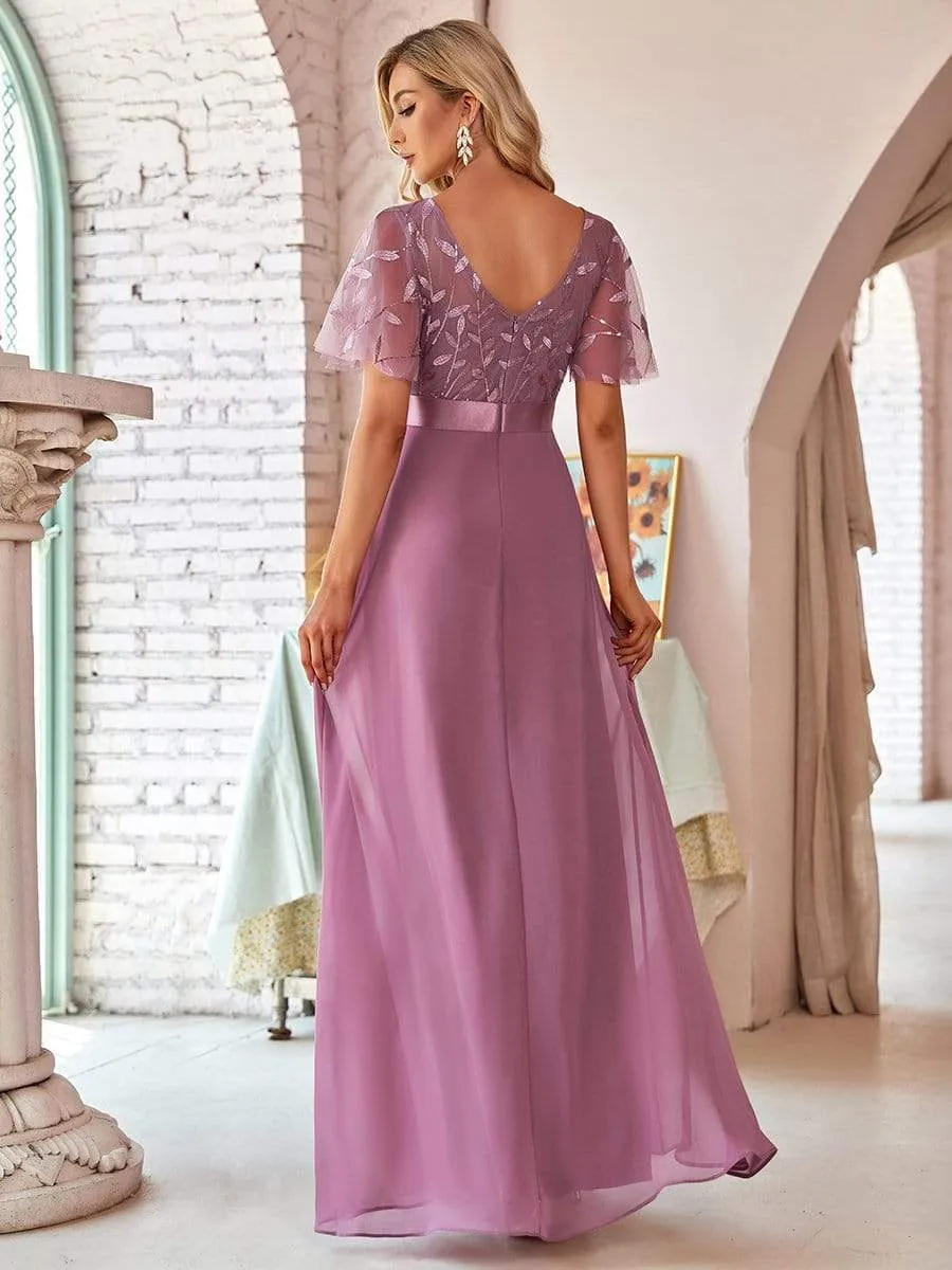 Romantic Round Neck Ruffle Sleeves Chiffon & Sequin Prom Dress