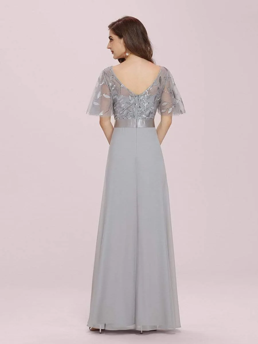 Romantic Round Neck Ruffle Sleeves Chiffon & Sequin Prom Dress