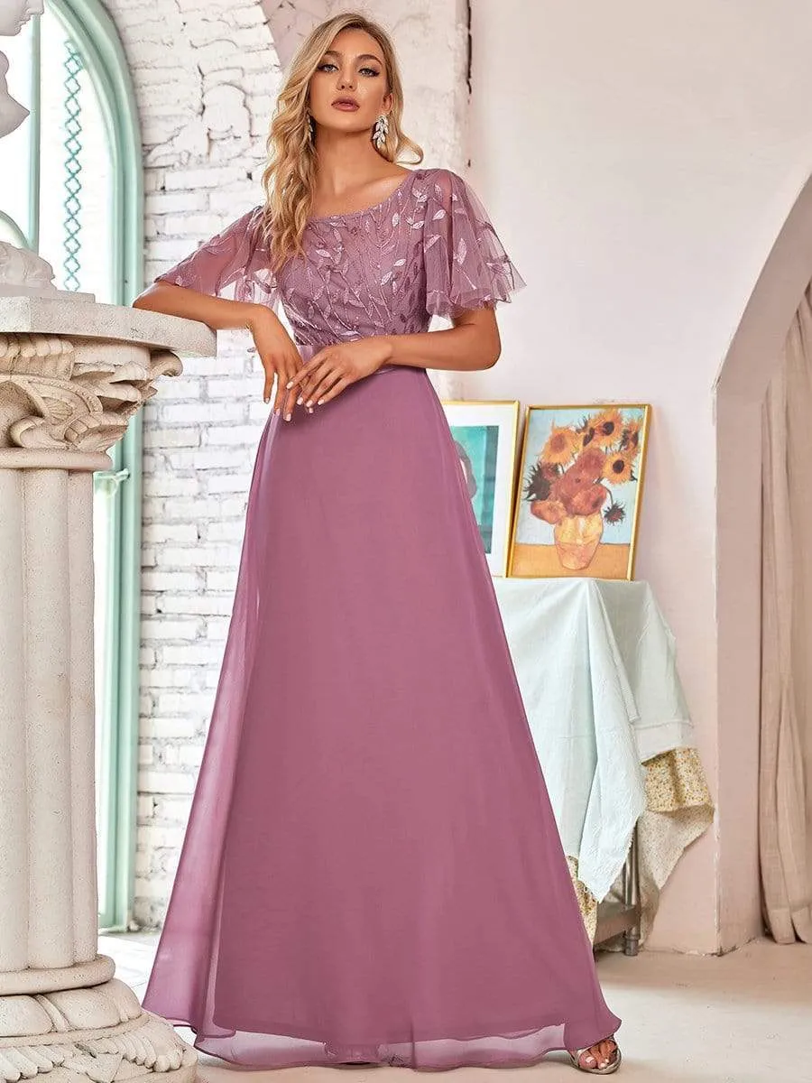 Romantic Round Neck Ruffle Sleeves Chiffon & Sequin Prom Dress