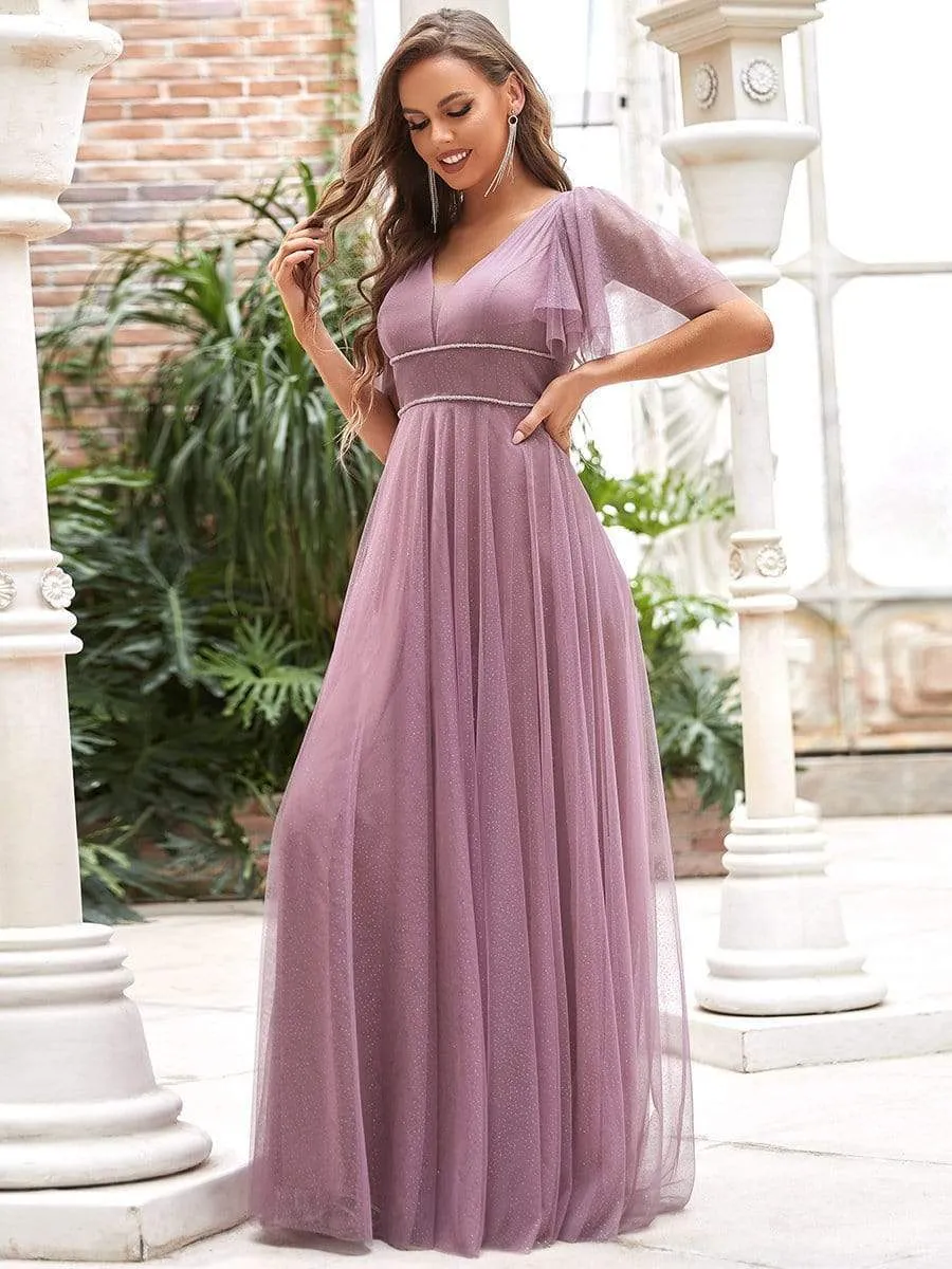 Romantic V Neck Tulle Evening Dress with Ruffle Sleeves