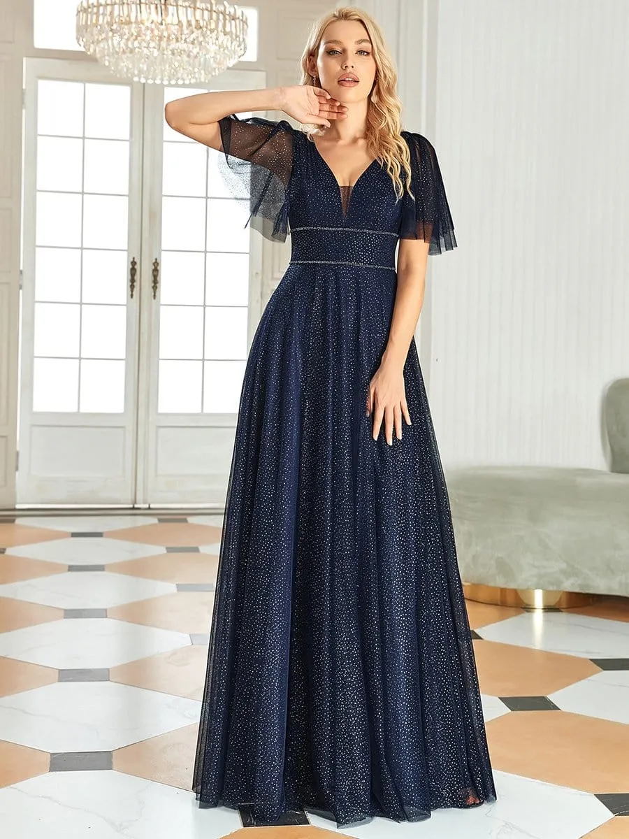 Romantic V Neck Tulle Evening Dress with Ruffle Sleeves