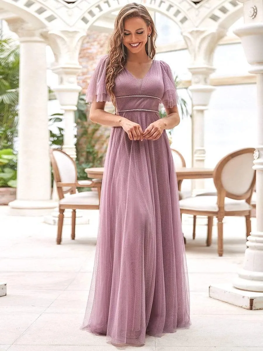 Romantic V Neck Tulle Evening Dress with Ruffle Sleeves