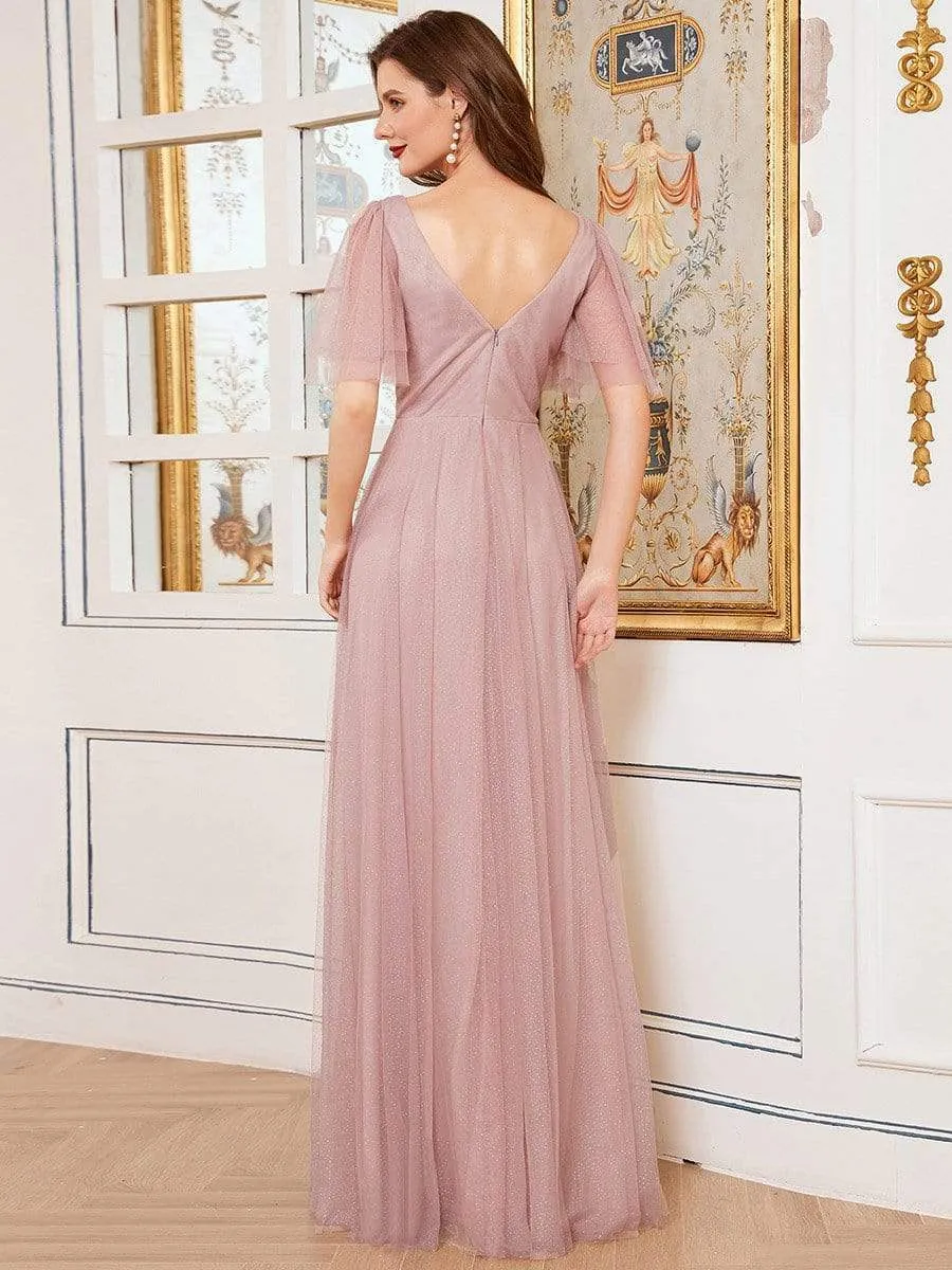 Romantic V Neck Tulle Evening Dress with Ruffle Sleeves