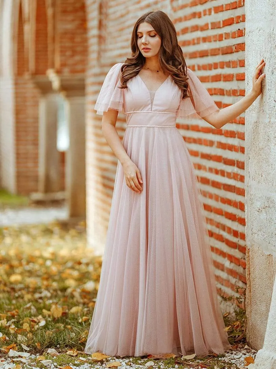 Romantic V Neck Tulle Evening Dress with Ruffle Sleeves