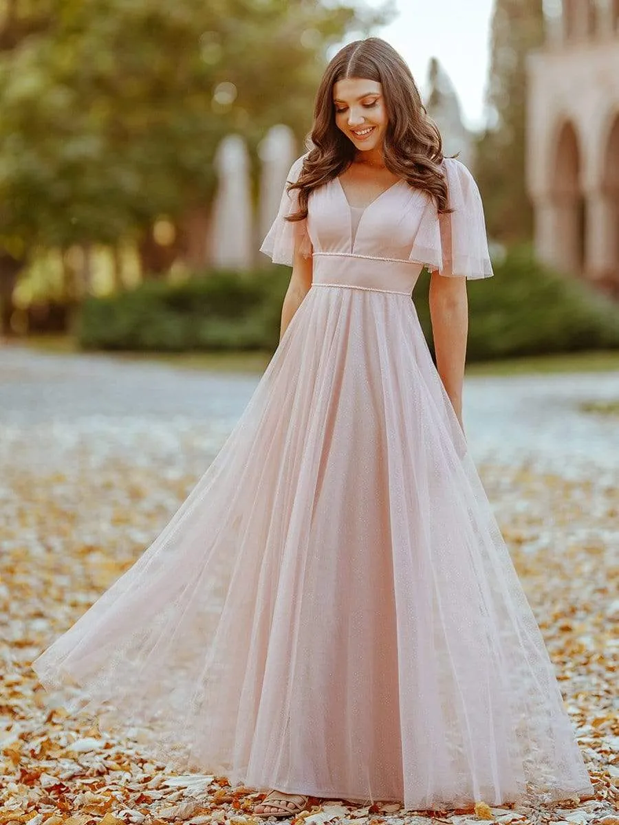 Romantic V Neck Tulle Evening Dress with Ruffle Sleeves