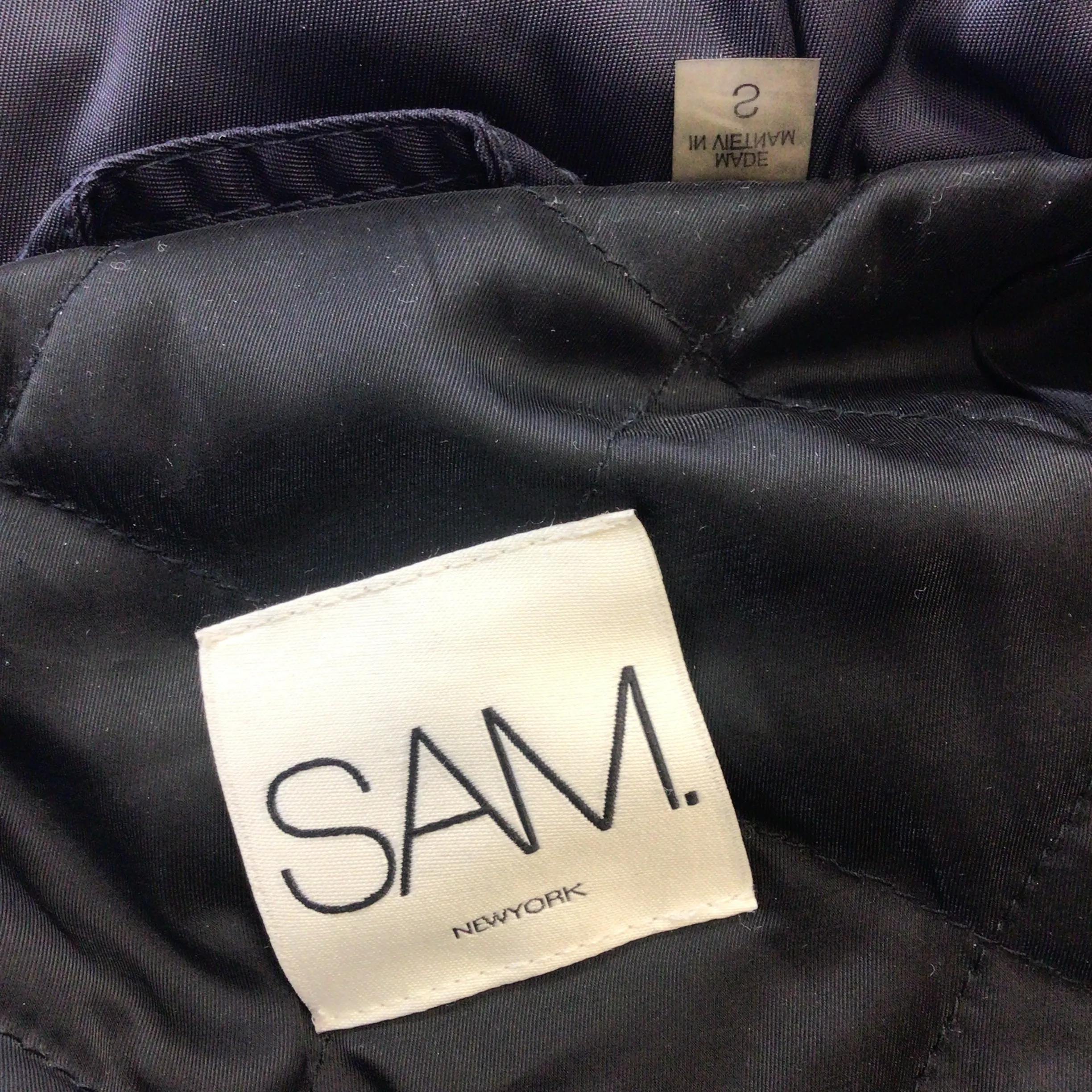 SAM. Navy Blue / Tan Raccoon Fur Trimmed Hooded Nylon Puffer Coat