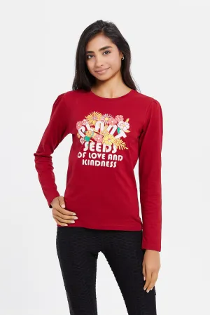 Senior Girls Burgundy Printed T-Shirt